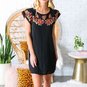 THML Black Embroidered Floral Sleeveless Shift Dress Boho Folk Size Small